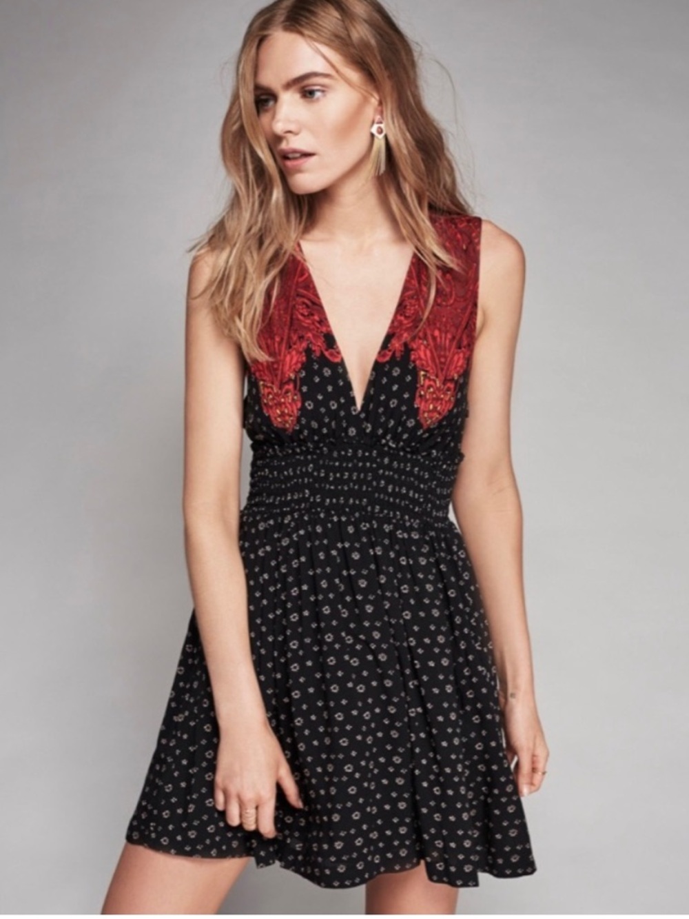 Free People Black Mini Dress with Red Embroidered V-Neck